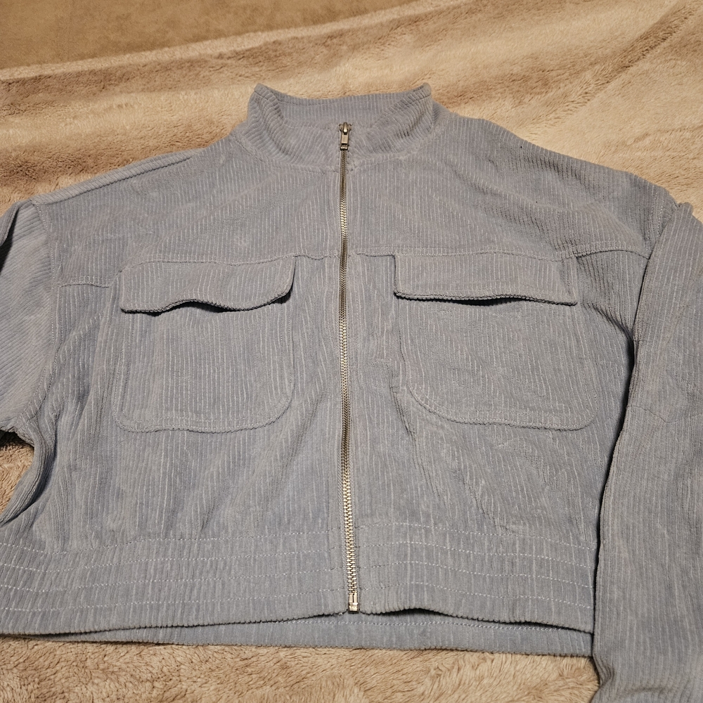 Aerie Groove-on Cropped Light Blue Ribbed Velour Utility Jacket--large